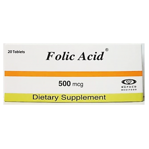 Folic Acid 500 mcg Dietary Supplement MEPACO ( Vitamin B 9 ) 20 tablets
